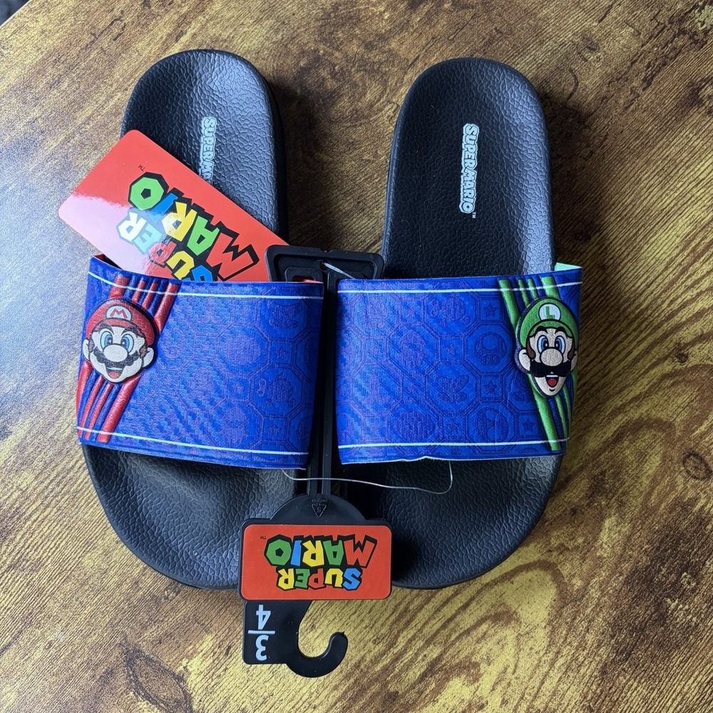 Super Mario Kids Sandals Size 3/4 Nintendo Game Flip‎ Flops Slides NWT